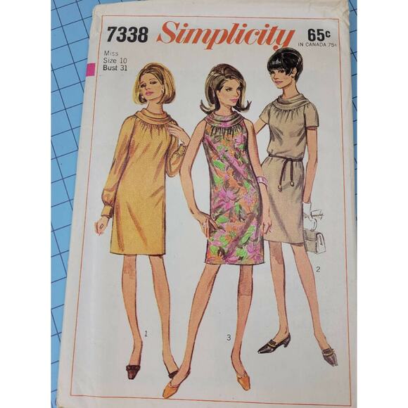 Simplicity 7338 Pattern Dress Miss 16 Vintage Mod Above Knee Back Zip Hippie - Picture 2 of 7